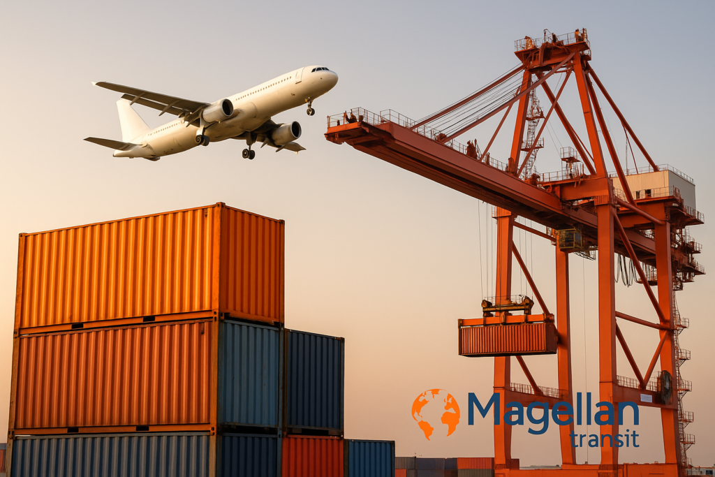 Conteneur maritime orange et noir sur quai portuaire avec grue de chargement rouge et avion cargo en arrière-plan au coucher de soleil